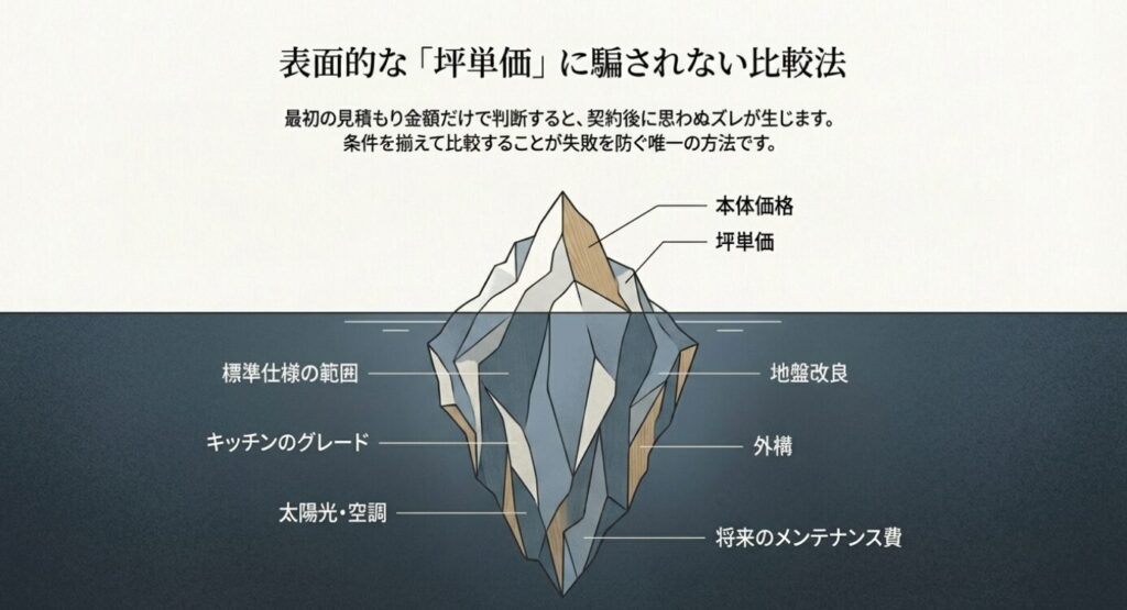 画像タイトル: 坪単価に騙されない比較法

代替テキスト (Alt): 本体価格、付帯工事、将来のメンテナンス費など、表面的な坪単価以外の総額比較ポイントをまとめたリスト