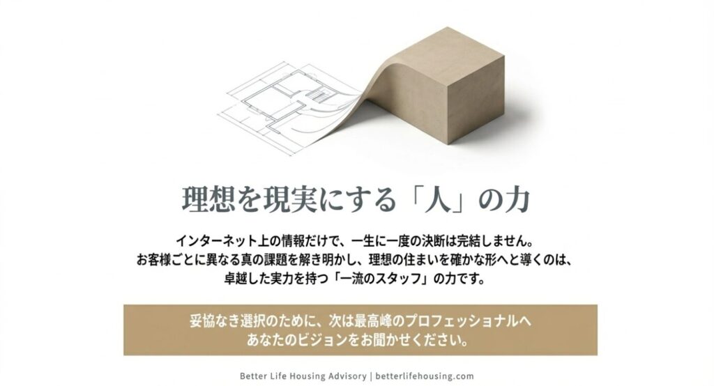 画像タイトル: 理想を形にする力
代替テキスト: 理想の住まいづくりをサポートするプロフェッショナルの重要性を示すイメージ