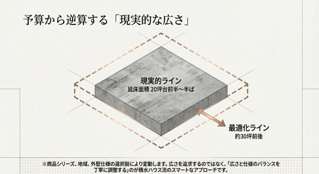 代替テキスト (Alt): 予算から逆算した現実的ラインである延床面積20坪台前半〜半ばと、最適化ラインを示すイメージ図 

画像タイトル (スラッグ): realistic-floor-area