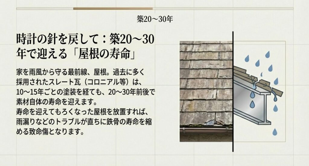画像タイトル: 築20〜30年で迎える屋根の寿命
代替テキスト: 築20年から30年で屋根材が寿命を迎え、放置すると雨漏りなど鉄骨の寿命を縮める致命傷になることを警告する画像。