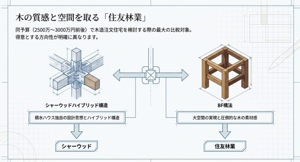 画像タイトル: 木の質感と空間を取る「住友林業」 [cite: 116]
代替テキスト: 同予算で木造注文住宅を検討する際、積水ハウスのシャーウッドハイブリッド構造と住友林業のBF構法の方向性の違いを示す比較図