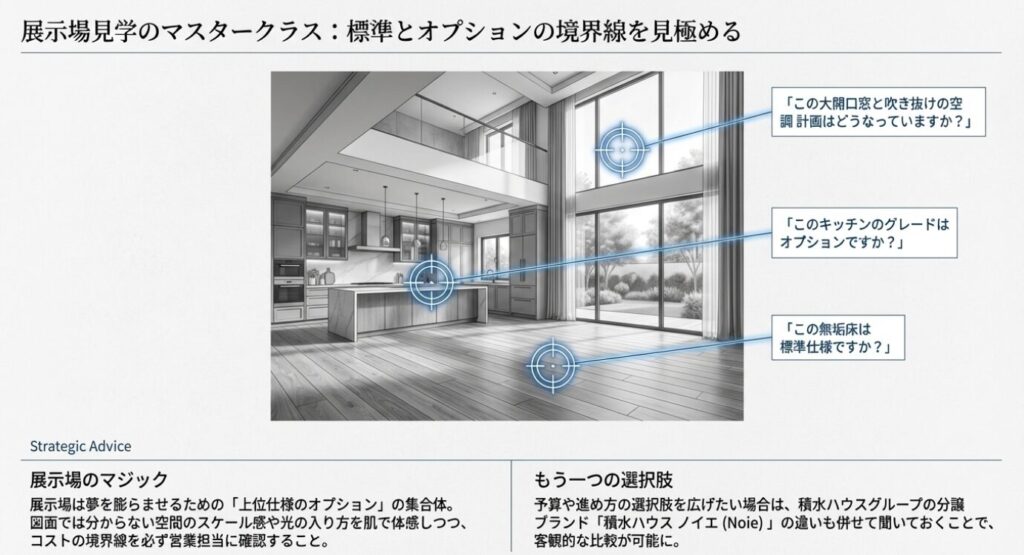 画像タイトル: 展示場での確認ポイント
代替テキスト: モデルハウスのリビング写真と、空調、キッチン、床材などの標準仕様とオプションを見極める質問例