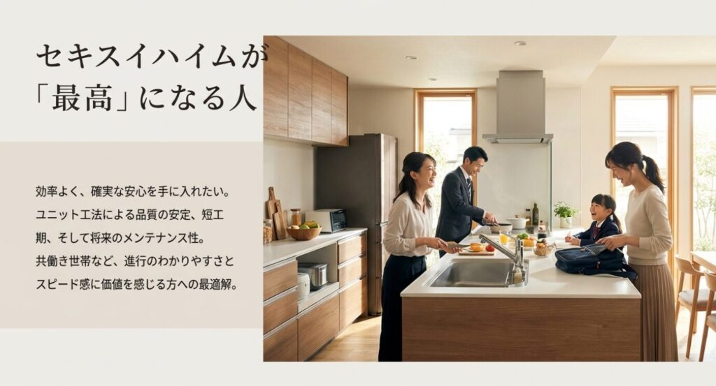 画像タイトル: 効率と安心を求める世帯に最適

代替テキスト (Alt): 明るいキッチンで笑顔で過ごす家族の風景。効率や品質の安定を求める人に最適であることを示すイメージ