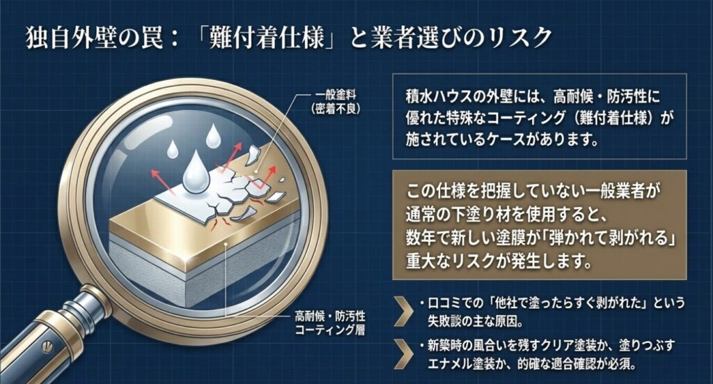 画像タイトル: 独自外壁コーティングの剥離リスク

代替テキスト: 高耐候・防汚性コーティング層に一般塗料を塗ると密着不良を起こし、塗膜が弾かれて剥がれるリスクをルーペで拡大して解説した図
