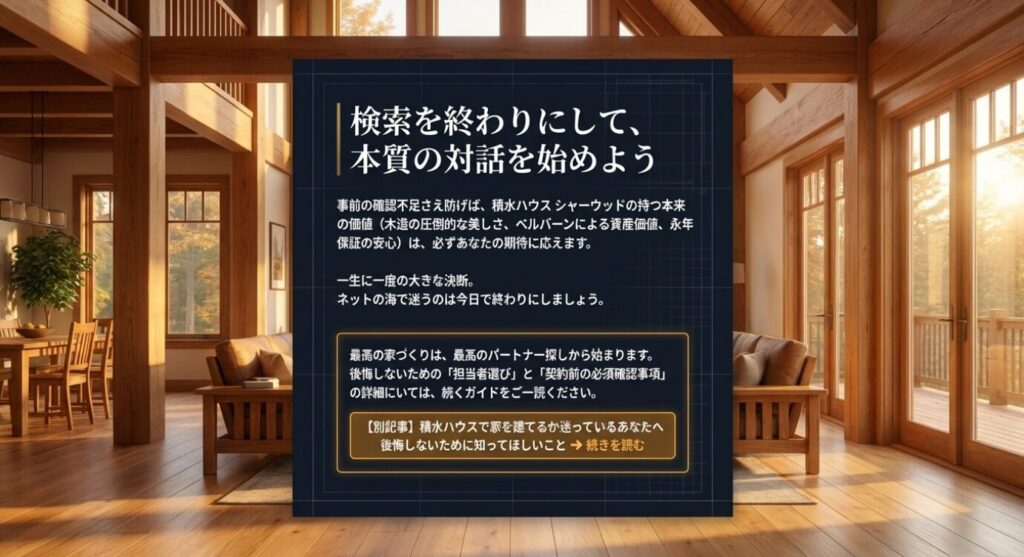 画像タイトル: 本質の対話を始めよう
代替テキスト: 一生に一度の決断に向けて、ネット検索を終わりにして最高のパートナー探しを促すメッセージ