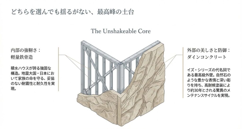 画像タイトル: 強靭な構造と外壁
代替テキスト: 住宅の基盤となる軽量鉄骨造と高耐久なコンクリート外壁の解説