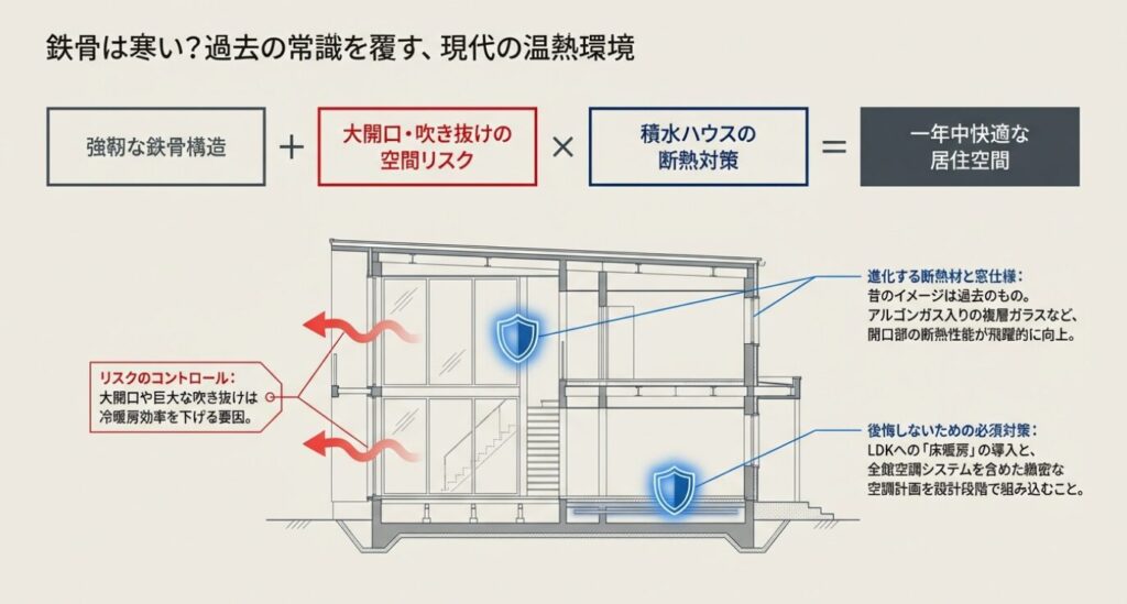 画像タイトル: 鉄骨住宅の温熱環境と対策
代替テキスト: 強靭な鉄骨構造と大開口リスクに対し、進化した断熱材や空調計画で快適な空間を作る図解