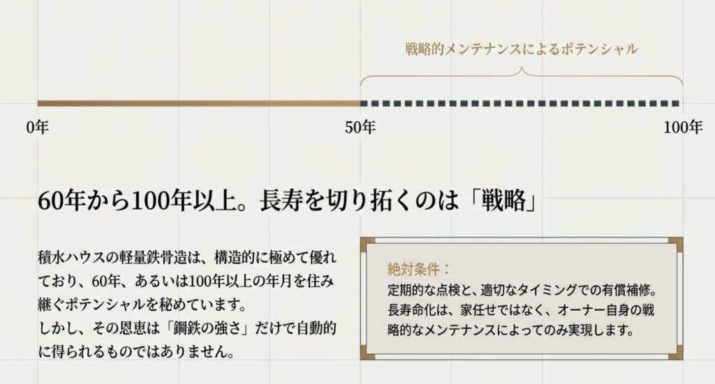 画像タイトル: 戦略的メンテナンスによる長寿化
代替テキスト: 定期的な点検と適切な有償補修という戦略的なメンテナンスによって、住宅の寿命が60年から100年以上へと引き上げられることを示す画像。