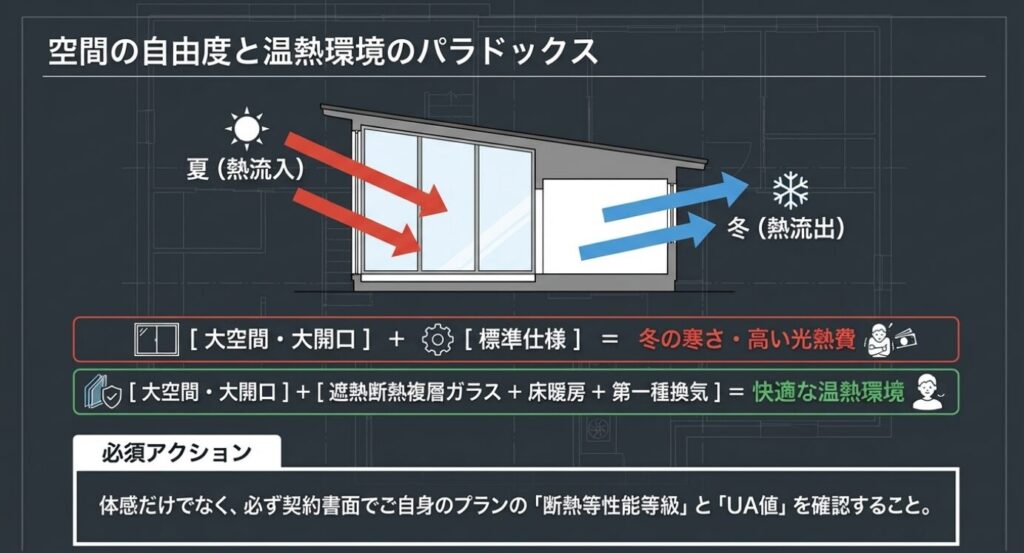 画像タイトル: 空間の自由度と温熱環境のパラドックス
代替テキスト: 大空間・大開口と標準仕様の組み合わせによる寒さと、適切な断熱仕様による快適な温熱環境の違いを示す方程式