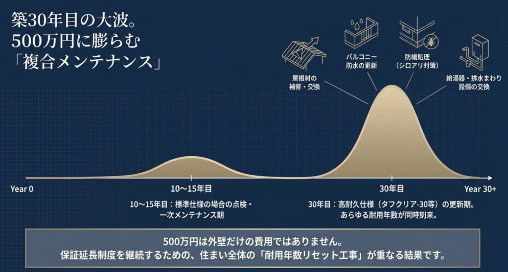 画像タイトル: 築30年目の複合メンテナンス

代替テキスト: 築10〜15年目の一次メンテナンス期を経て、築30年目に屋根、バルコニー、シロアリ対策、給湯器などあらゆる耐用年数が同時到来し500万円に膨らむことを示す波形グラフ