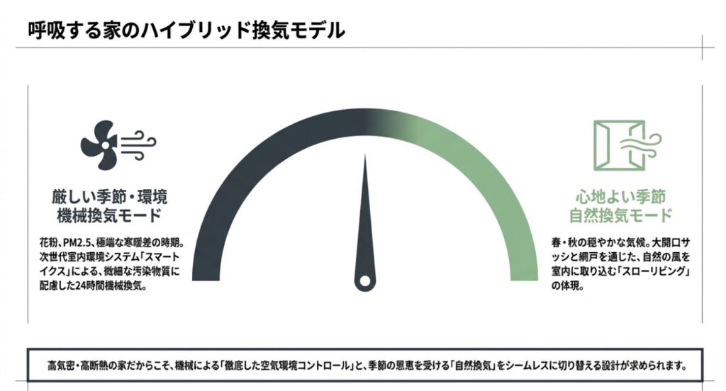 画像タイトル: 呼吸する家のハイブリッド換気モデル
代替テキスト: 機械換気モードと、大開口サッシを通じた自然換気モードのシームレスな切り替えを示す図解