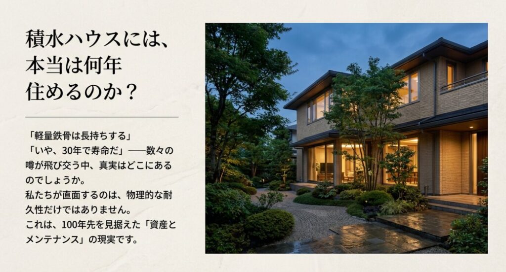 画像タイトル: 100年先を見据えた資産とメンテナンス
代替テキスト: 軽量鉄骨住宅には本当は何年住めるのか、物理的な耐久性だけでなく100年先を見据えたメンテナンスの現実を問うタイトル画像。