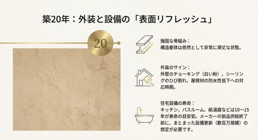 画像タイトル: 築20年の外装と設備リフレッシュ
代替テキスト: 築20年における外壁のチョーキング等のサインや、住宅設備更新の目安を示す画像。