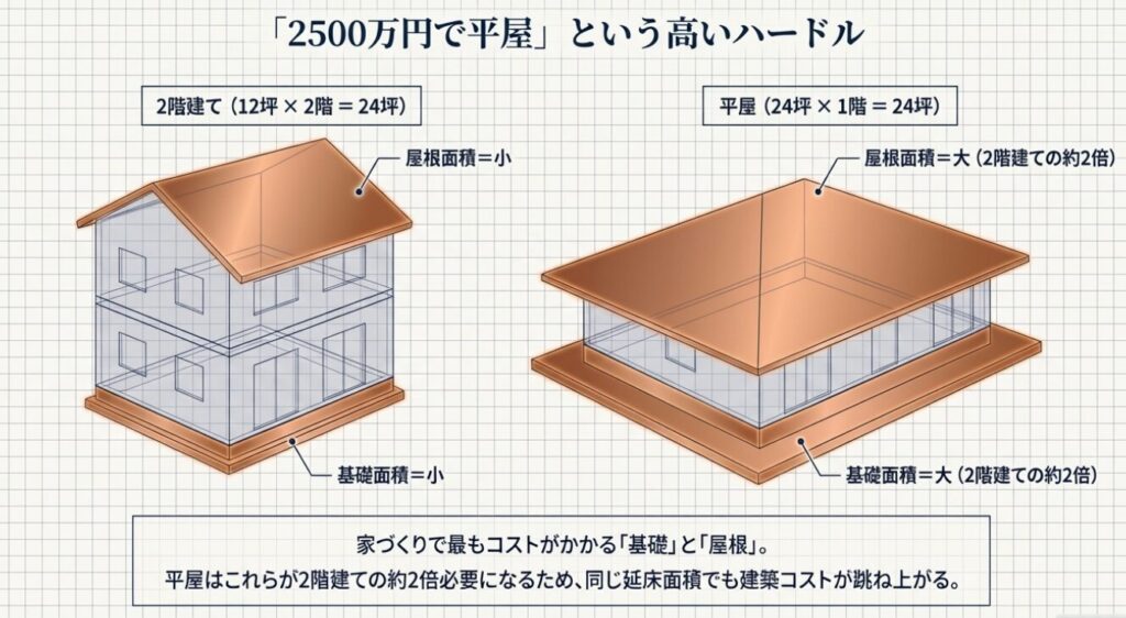 画像タイトル: 2階建てと平屋の比較
代替テキスト: 2階建てと平屋の屋根面積・基礎面積の違いを比較しコスト増の理由を解説した3D図解