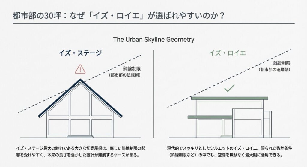 画像タイトル: 都市部の敷地と斜線制限
代替テキスト: 大きな切妻屋根が斜線制限にかかる様子と、空間を有効活用できるスクエアな外観の比較図