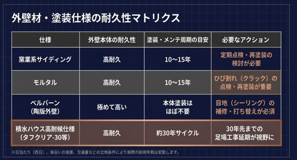 画像タイトル: 外壁材と塗装仕様の耐久性比較

代替テキスト: 窯業系サイディング、モルタル、ベルバーン、高耐候仕様それぞれの耐久性とメンテナンス周期を比較したマトリクス表