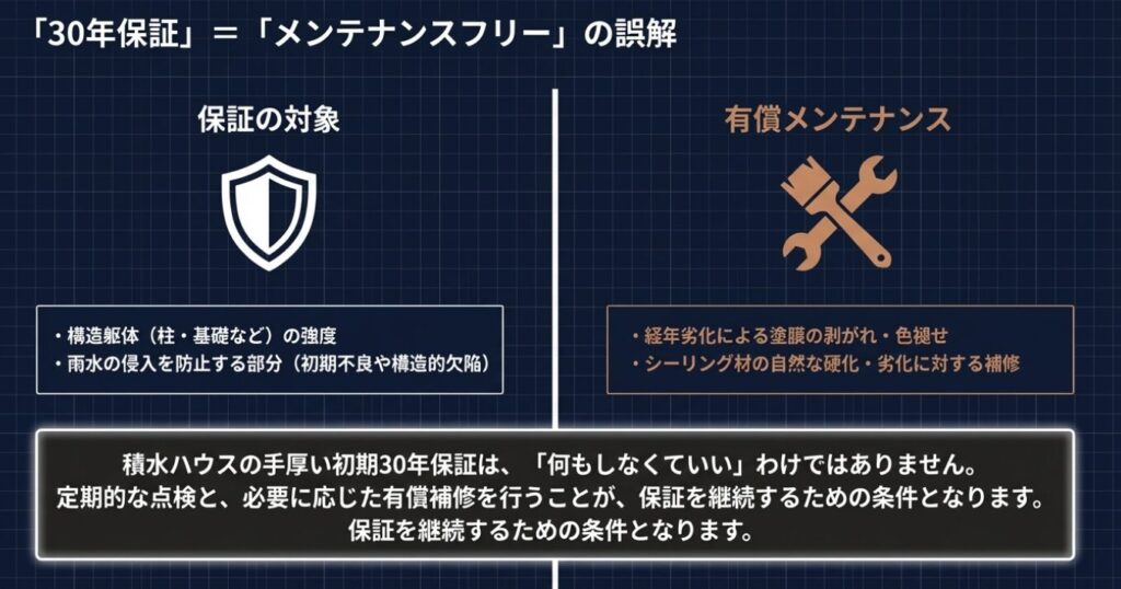 画像タイトル: 30年保証と有償メンテナンス

代替テキスト: 構造躯体や雨水防止は保証対象だが、経年劣化による塗膜やシーリングの補修は有償メンテナンスであることを示す図