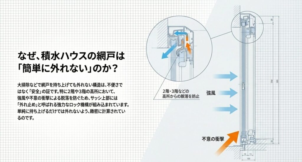 画像タイトル: 網戸が簡単に外れない理由
代替テキスト: 2階や3階などの高所において、強風や不意の衝撃による網戸の脱落を防止する上部機構の働きを示す図解 [cite: 69, 70, 71, 72, 73]