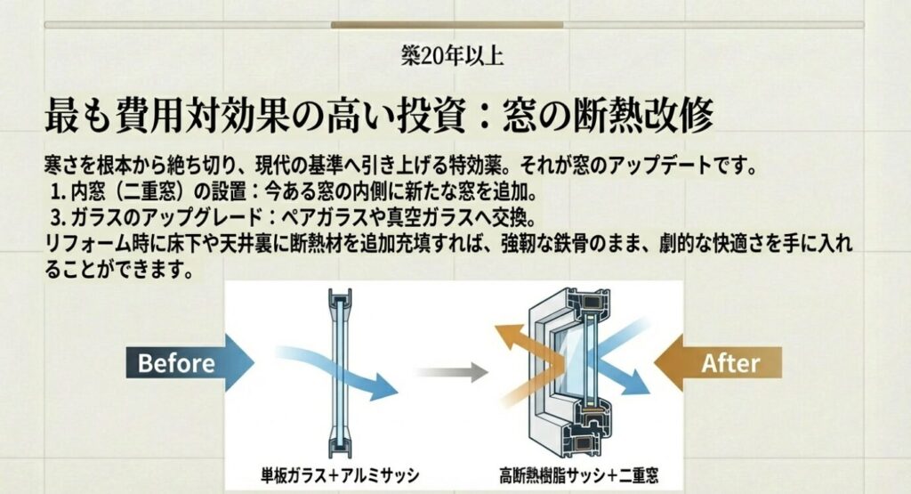 画像タイトル: 最も費用対効果の高い窓の断熱改修
代替テキスト: 寒さ対策として最も費用対効果が高い、内窓の設置や高断熱樹脂サッシへの交換など、窓のアップデート前後を比較する画像。
