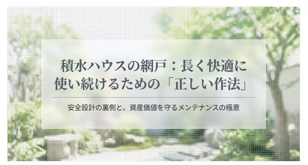 画像タイトル: 網戸を長く快適に使うための正しい作法
代替テキスト: 積水ハウスの網戸を長く快適に使い続けるための正しい作法とメンテナンスの極意を示すタイトルスライド [cite: 56, 57]