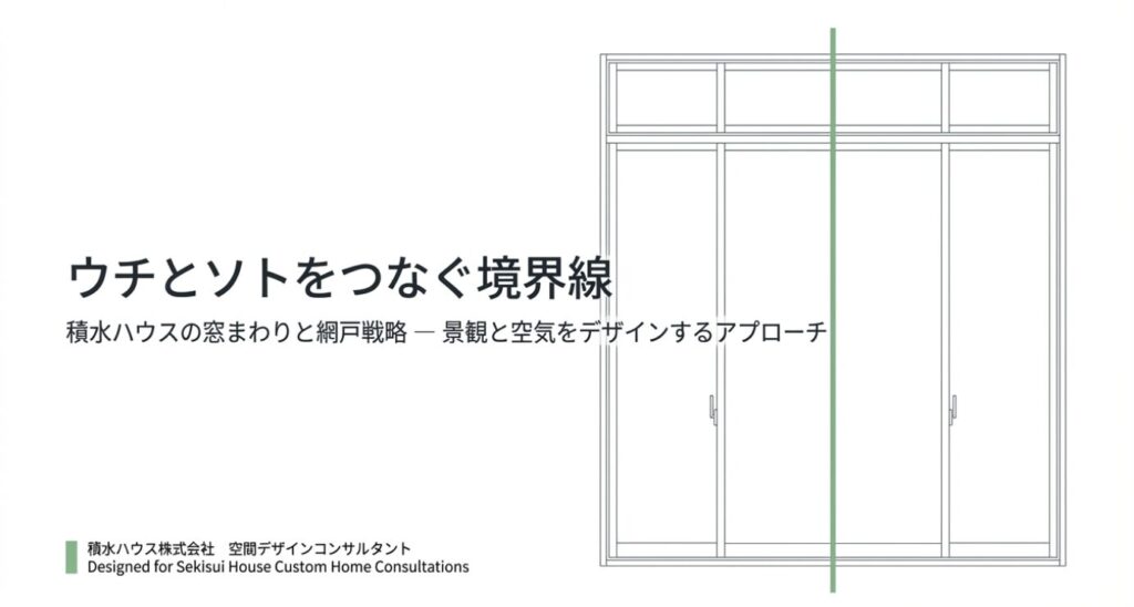 画像タイトル: ウチとソトをつなぐ境界線
代替テキスト: 窓まわりと網戸戦略に関するプレゼンテーションのタイトルスライド