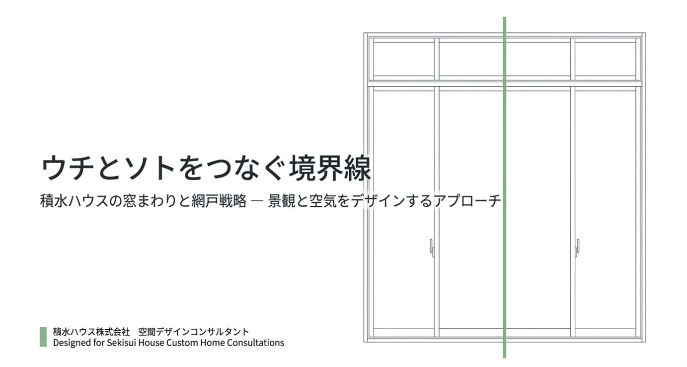積水ハウスの空間デザインコンサルタントによるプレゼンテーション資料のタイトルスライド画像。「ウチとソトをつなぐ境界線 積水ハウスの窓まわりと網戸戦略 - 景観と空気をデザインするアプローチ 」というキャッチコピーが記載されています。