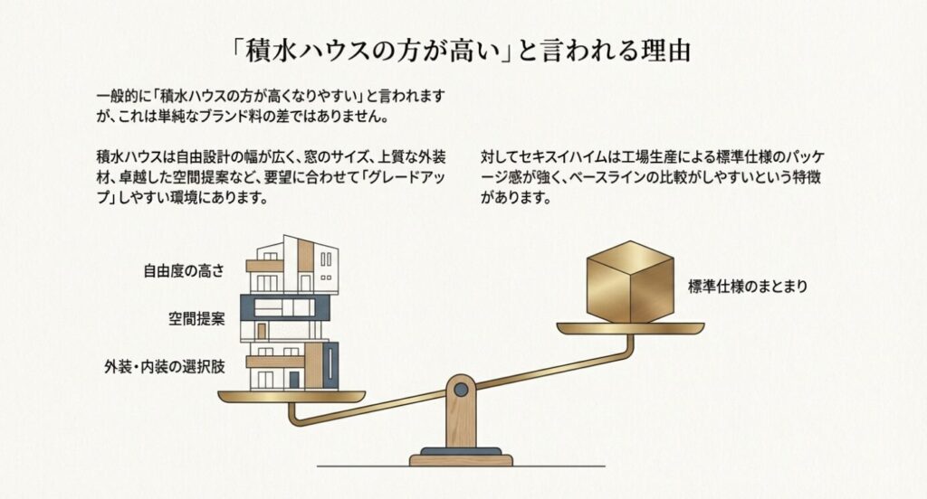 画像タイトル: 価格が高くなりがちな理由の比較

代替テキスト (Alt): 天秤のイラスト。自由度の高い家と標準仕様のキューブ型住宅を天秤にかけ、価格差の理由を比較する図解