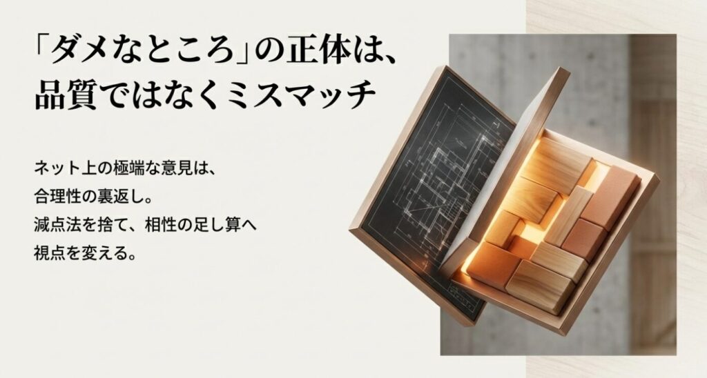 画像タイトル: ダメなところの正体はミスマッチ

代替テキスト (Alt): 木のブロックパズルの画像。「ダメなところ」は品質ではなく相性のミスマッチであることを説明する図解