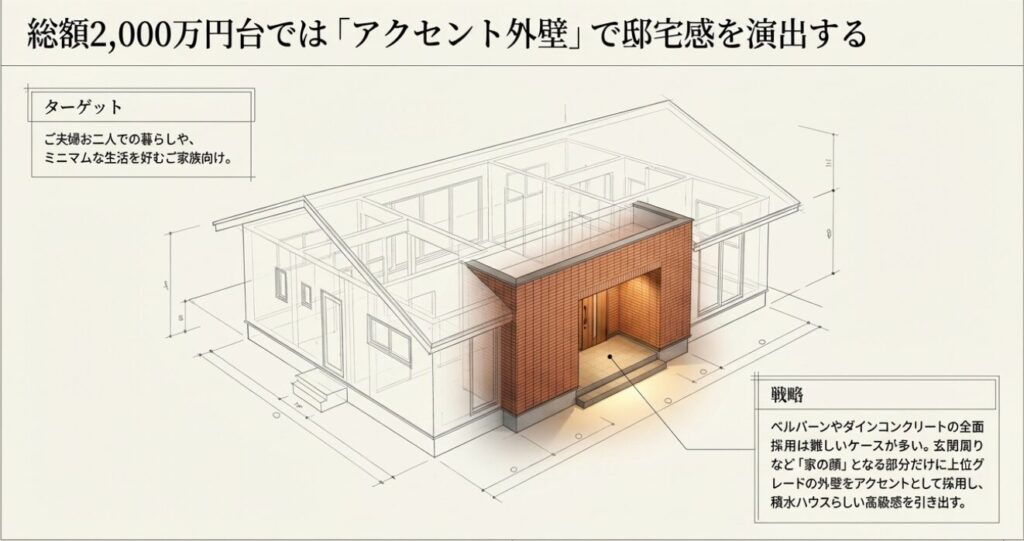 画像タイトル: 2000万円台の平屋アクセント外壁戦略
代替テキスト: 総予算2000万円台で邸宅感を演出するための、玄関周りへの上位グレード外壁アクセント採用案