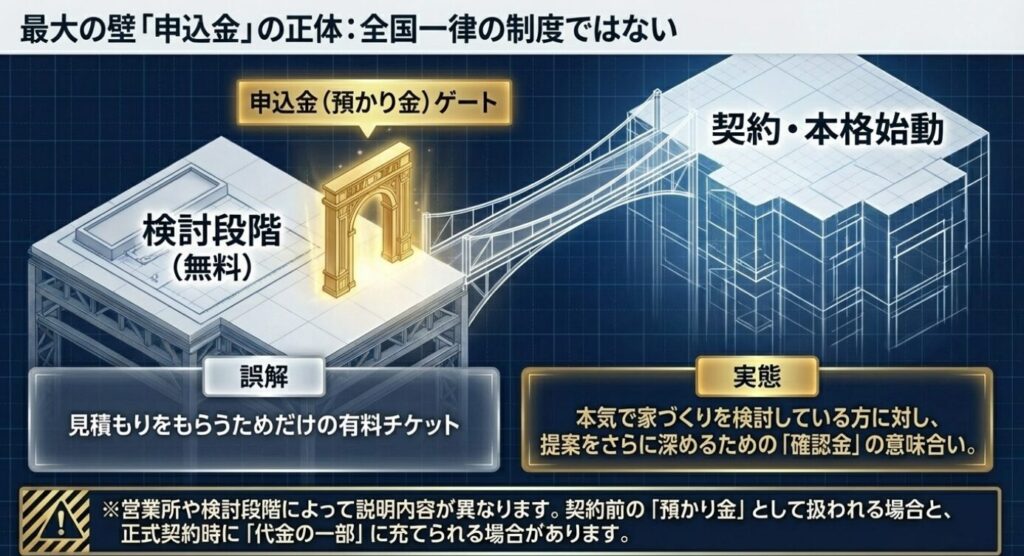 画像タイトル: 申込金ゲートの仕組み
代替テキスト: 無料の検討段階と契約・本格始動の間に存在する「申込金ゲート」の図解。見積もり用のチケットではなく、提案を深めるための確認金であるという実態を説明。