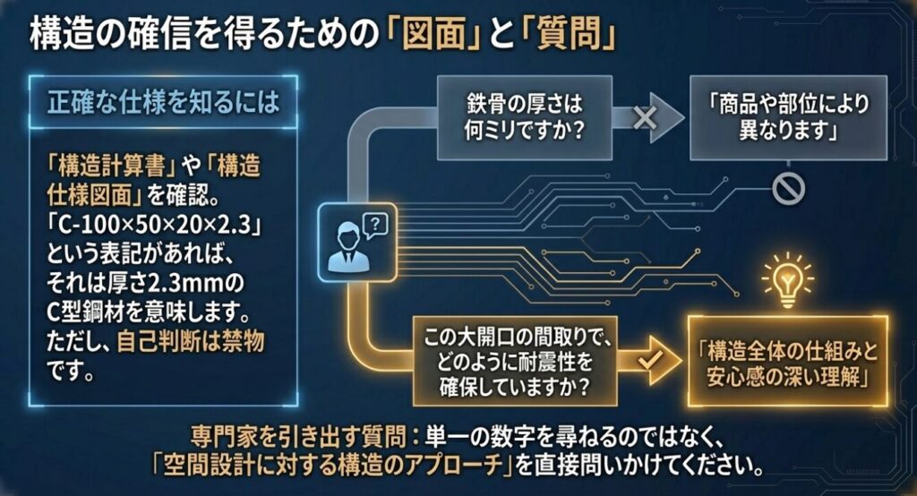 画像タイトル: 構造の仕様確認と専門家への質問方法
代替テキスト: 構造計算書や仕様図面の読み方と、厚さの数字だけを聞くのではなく大開口の間取り等での耐震性の確保方法を専門家に質問する流れを示した図