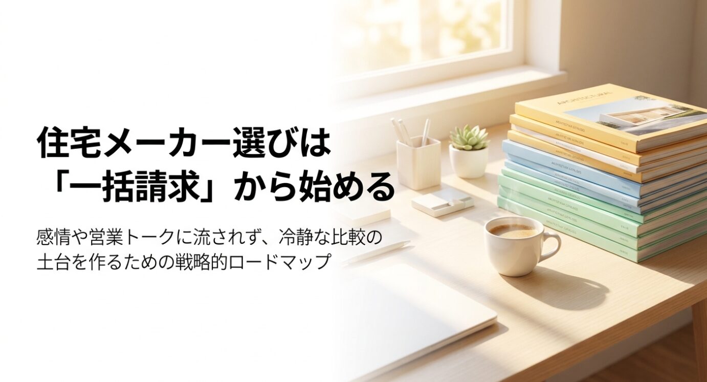 画像タイトル: 住宅メーカー選びは一括請求から始める考え方 代替テキスト: 住宅メーカー選びを一括請求から始めるという記事全体のテーマを示した表紙スライド。資料を並べて比較する考え方を導入している