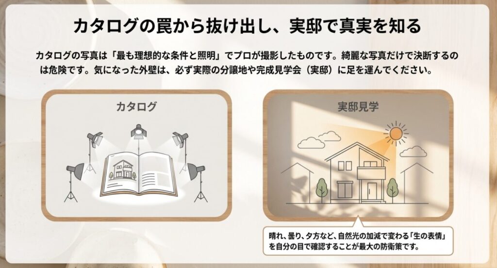 画像タイトル: カタログと実邸見学の違い
代替テキスト: 理想的な照明で撮影されたカタログの写真と、実際の自然光の下で確認する実邸見学の違いを比較したイラスト