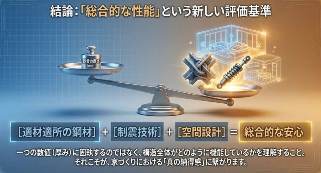 画像タイトル: 総合的な性能による安心感
代替テキスト: 鉄骨の厚さだけでなく、適材適所の鋼材、制震技術、空間設計の3つが合わさることで総合的な安心に繋がるという評価基準の図解