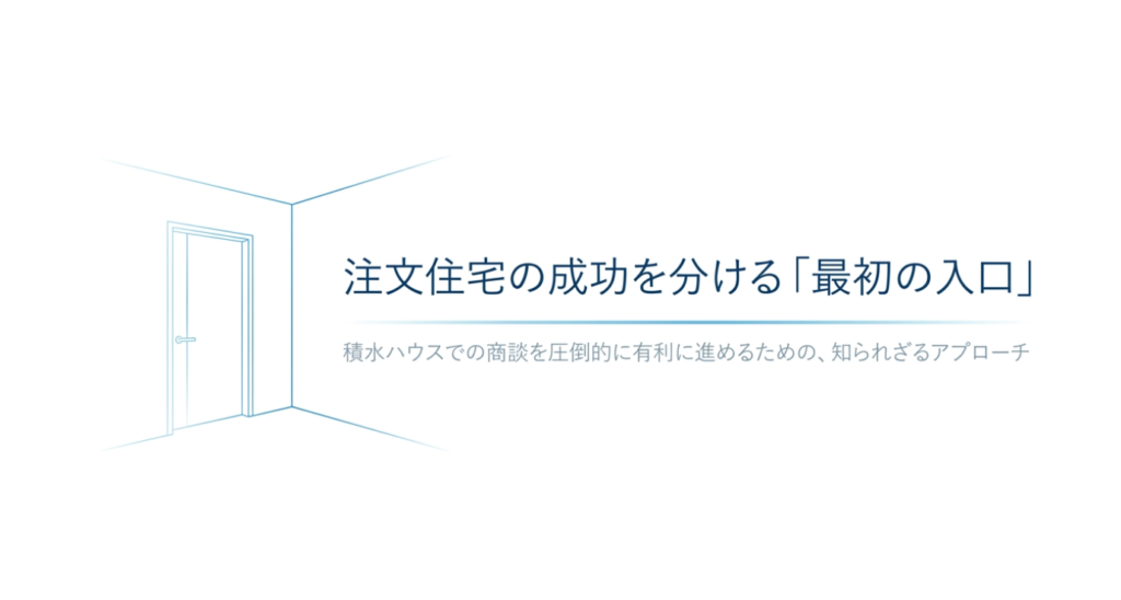 画像タイトル: 注文住宅の成功を分ける最初の入口
代替テキスト: 注文住宅の成功を分ける最初の入口と書かれた扉のイラスト