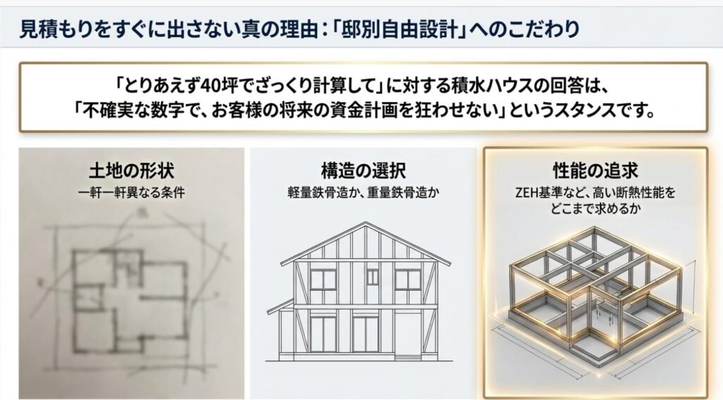 画像タイトル: 邸別自由設計へのこだわり
代替テキスト: 土地の形状、構造の選択、性能の追求など、一軒一軒異なる条件を考慮する「邸別自由設計」のプロセスを示す図解。