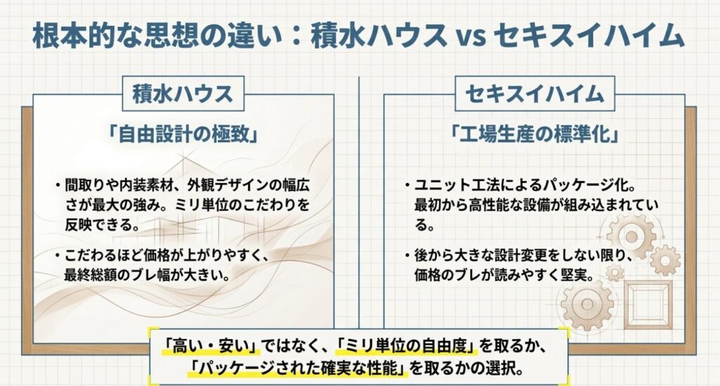 画像タイトル: 思想の違いの比較
代替テキスト: 自由設計を極める積水ハウスと、工場生産で標準化を進めるセキスイハイムの根本的な思想の違い