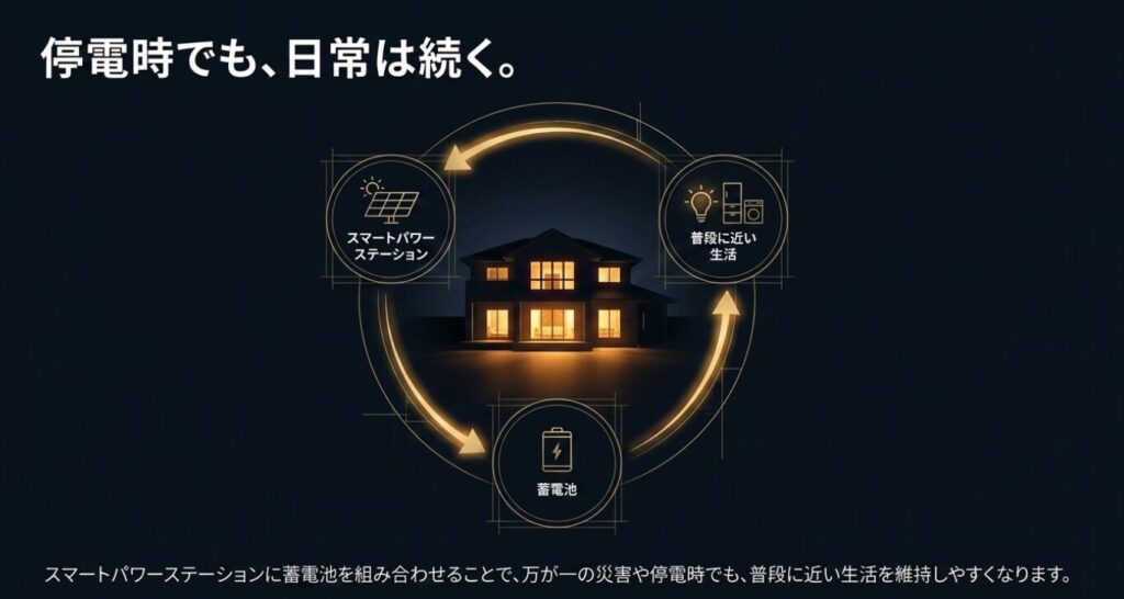 画像タイトル: 停電時でも日常が続く仕組み
代替テキスト: スマートパワーステーションに蓄電池を組み合わせることで、停電時でも普段に近い生活を維持できる仕組みの図解
