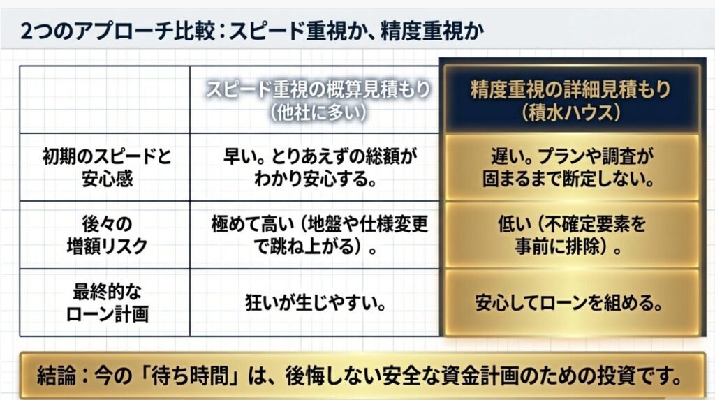 画像タイトル: 見積もりのアプローチ比較表
代替テキスト: スピード重視の概算見積もりと精度重視の詳細見積もりを、初期の安心感、増額リスク、ローン計画の3項目で比較した表。