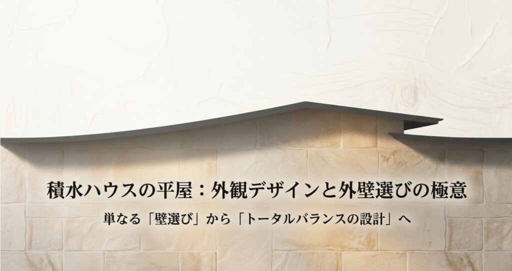 画像タイトル: 外観デザインと外壁選びの極意
代替テキスト: 積水ハウスの平屋における外観デザインと外壁選びのトータルバランスの重要性を示すタイトルスライド