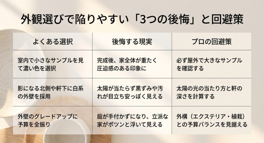 画像タイトル: 外観選びで陥りやすい3つの後悔
代替テキスト: 外観選びでよくある色の選択ミス、汚れの目立ち、外構予算不足という3つの後悔とそのプロによる回避策をまとめた表