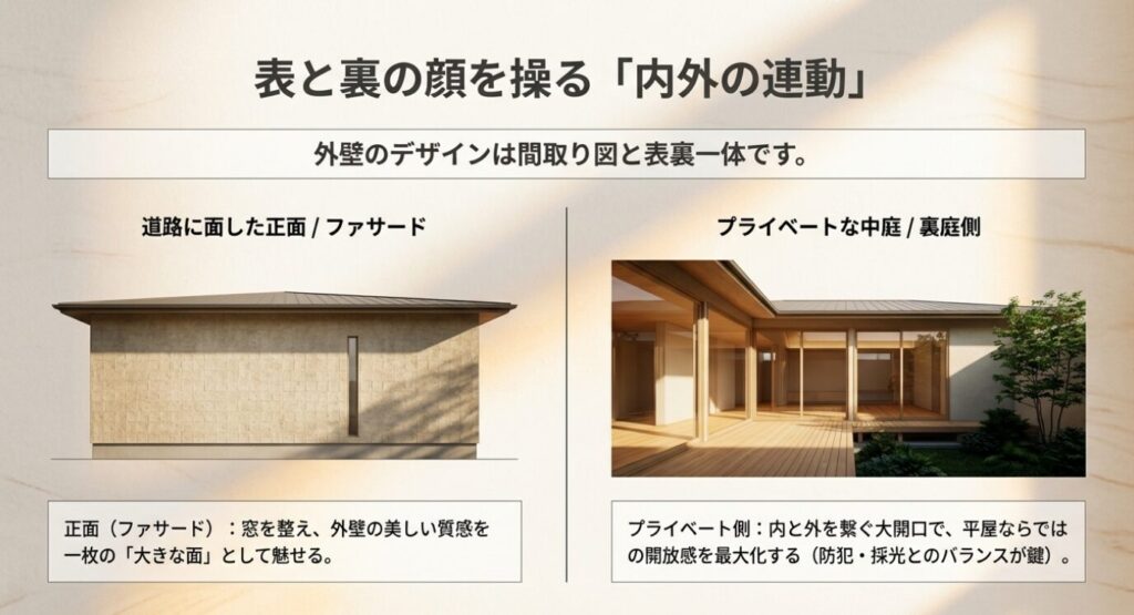 画像タイトル: 表と裏の顔を操る内外の連動
代替テキスト: 道路に面したファサード側の整った窓の配置と、プライベートな中庭側の大開口による内外の連動を示す間取りの考え方