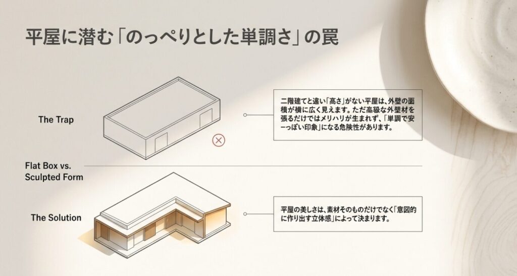 画像タイトル: 平屋に潜む単調さの罠
代替テキスト: 高さがない平屋で陥りやすい、のっぺりとした単調な外観と、意図的に立体感を作り出した外観の比較図