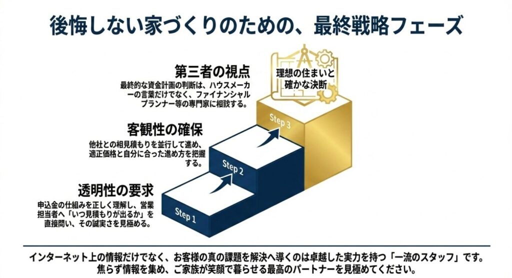 画像タイトル: 後悔しない家づくりの3ステップ
代替テキスト: 透明性の要求、客観性の確保、第三者の視点という、後悔しない家づくりのために必要な3つのステップを階段状に示した戦略フェーズ。