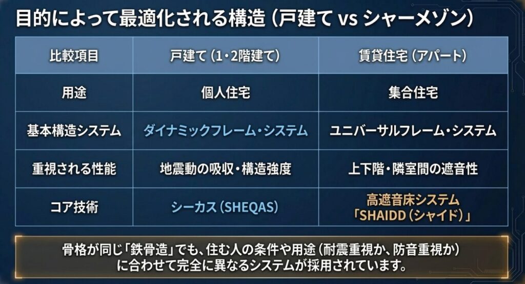 画像タイトル: 戸建てと賃貸住宅の構造比較
代替テキスト: 戸建て住宅と集合住宅において、耐震性や遮音性など重視される性能に合わせて異なる構造システムが採用されていることを示す比較表