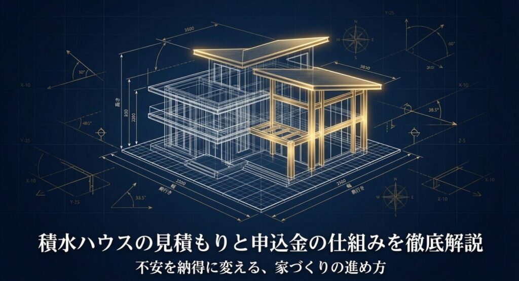 画像タイトル: 積水ハウスの見積もりと申込金の仕組み
代替テキスト: 家の設計図と立体的なワイヤーフレームモデルのイラスト。積水ハウスの見積もりと申込金の仕組みについての解説資料の表紙。
