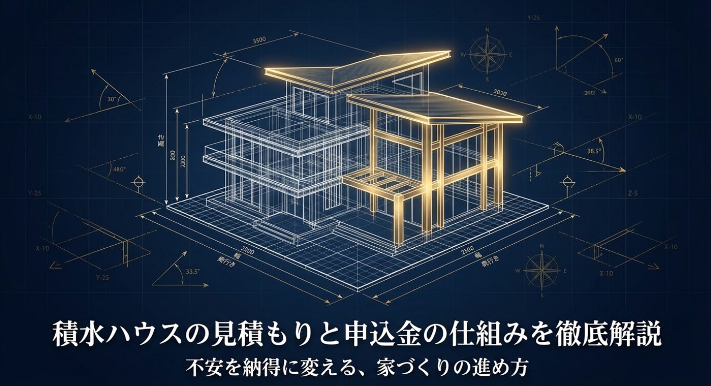ダークブルーの背景に、黄金色に輝く精緻な住宅の3Dワイヤーフレーム模型と、緻密な設計図のラインが描かれたサイバー・アーキテクチャ風のグラフィック。画像内には「積水ハウスの見積もりと申込金の仕組みを徹底解説 」というメインタイトルと、「不安を納得に変える、家づくりの進め方 」というキャッチコピーが記載されており、これから始まる家づくりの戦略的な資金計画を象徴する表紙画像。