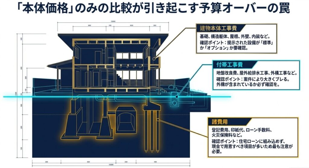 画像タイトル: 建物本体・付帯工事・諸費用の比較
代替テキスト: 建物本体工事費、付帯工事費、諸費用の違いと、設備が標準かオプションかを確認するなどの重要ポイントをまとめた図解。