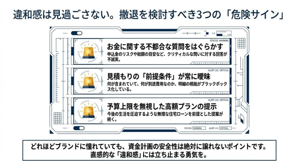 画像タイトル: 検討を考え直すべき危険サイン
代替テキスト: お金の質問をはぐらかす、条件が曖昧、高額プラン提示といった、ハウスメーカー選定において撤退を検討すべき3つの危険信号。