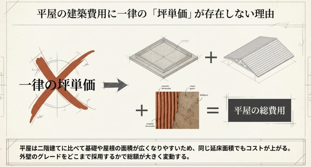 画像タイトル: 平屋の建築費用と坪単価の考え方
代替テキスト: 平屋の建築費用に一律の坪単価が存在しない理由と、外壁グレードによる総費用変動を示す図